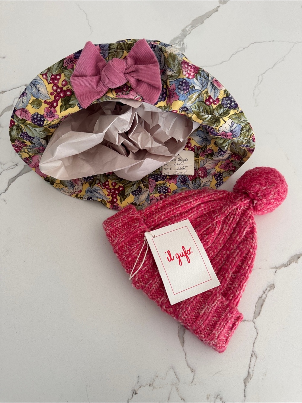 Made in Italy Il Gufo Hot Pink Knit Pom Pom Beanie and Cotton Multi Colored Hat